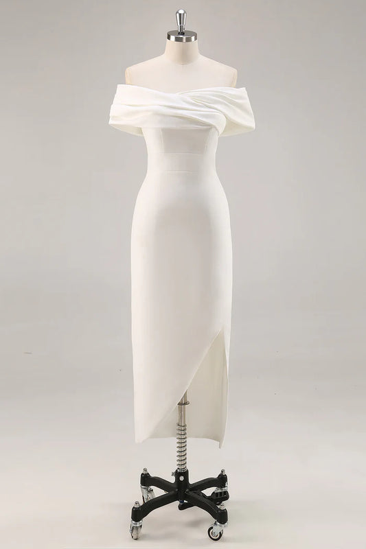 White Off the Shoulder Sheath Satin Asymmetrical Graduation