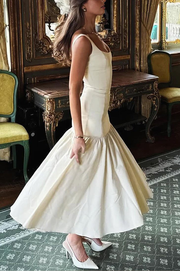 Graceful Silhouette Square Neck Wide Strap Drop Waist Midi Dress Simple atmospheric beautiful and unique desi