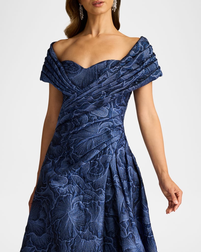 Pleated Off-Shoulder Floral Jacquard Gown Beautiful and charming simple and unique design