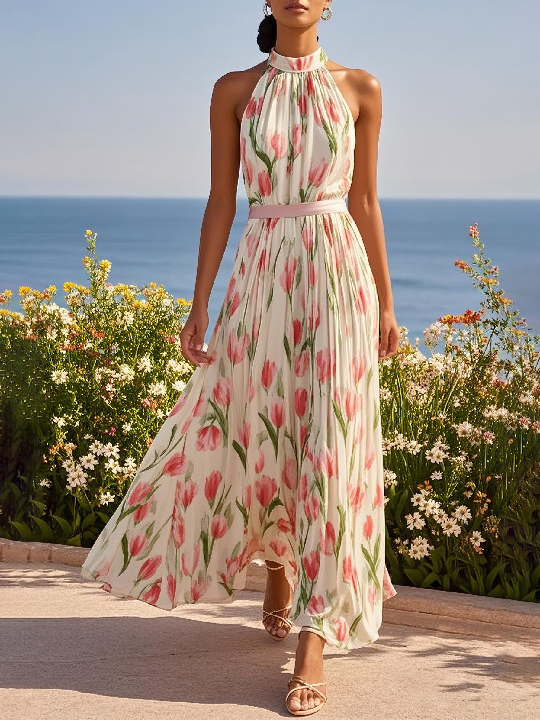 Simple beautiful generous and full of charm Pink Floral Crew Neck Sleeveless A-Line Maxi Chiffon Dress