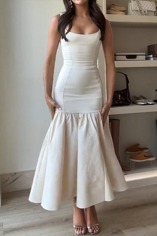 Graceful Silhouette Square Neck Wide Strap Drop Waist Midi Dress Simple atmospheric beautiful and unique desi