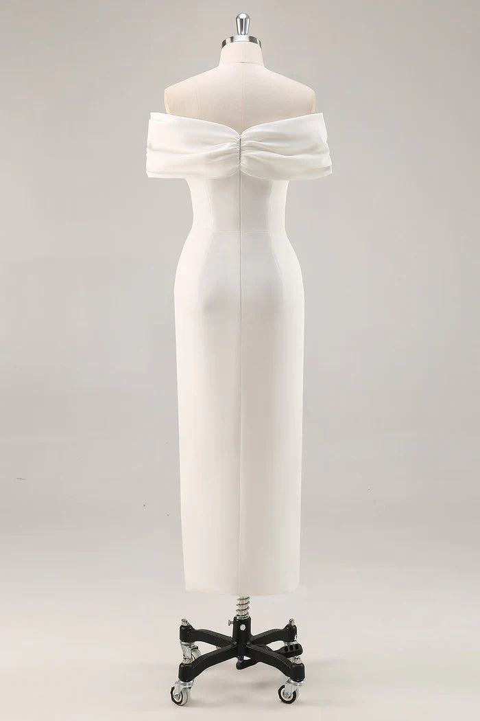 White Off the Shoulder Sheath Satin Asymmetrical Graduation