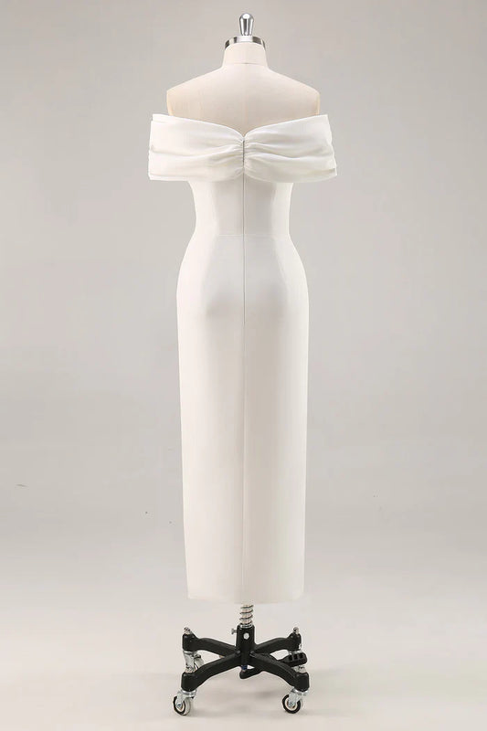 White Off the Shoulder Sheath Satin Asymmetrical Graduation