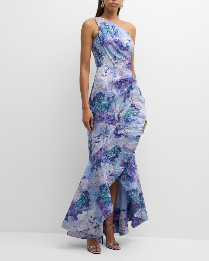 One-Shoulder Ruffle Metallic Jacquard Gown Beautiful and charming simple and unique design