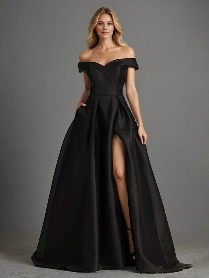 Black Long Prom Dresses Elegant A Line Off The Shoulder Long Satin Prom Dress With Slit