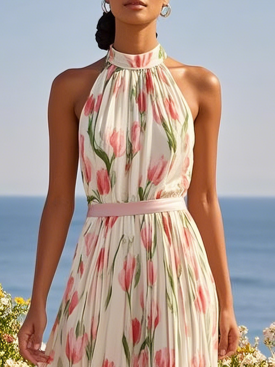Simple beautiful generous and full of charm Pink Floral Crew Neck Sleeveless A-Line Maxi Chiffon Dress