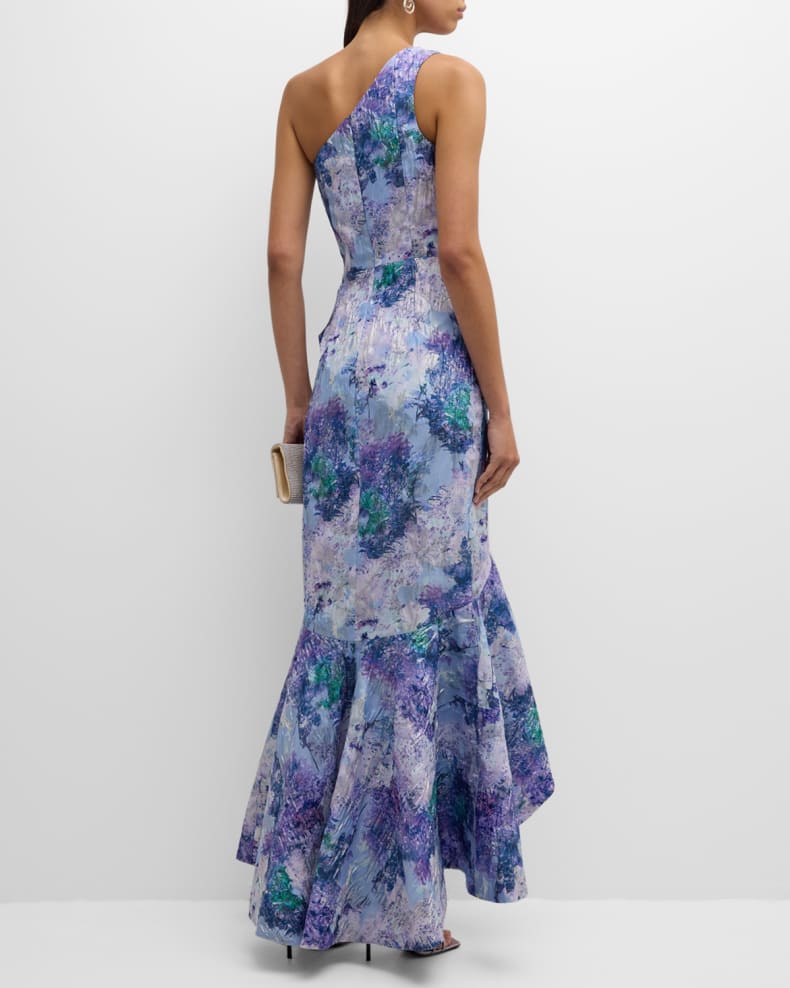 One-Shoulder Ruffle Metallic Jacquard Gown Beautiful and charming simple and unique design