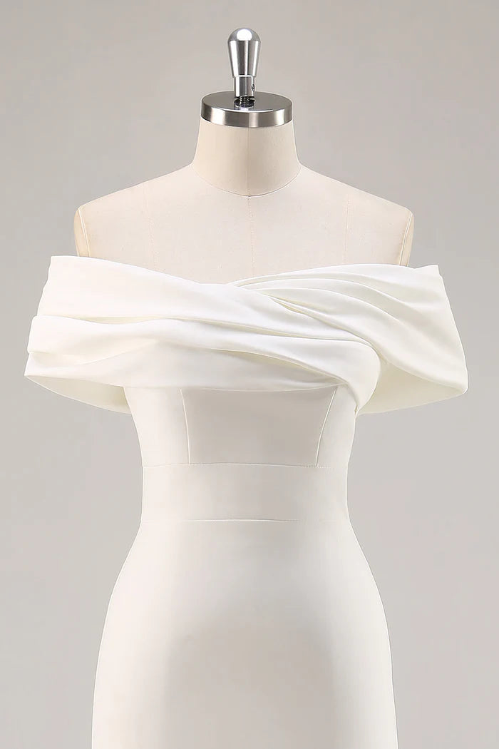 White Off the Shoulder Sheath Satin Asymmetrical Graduation