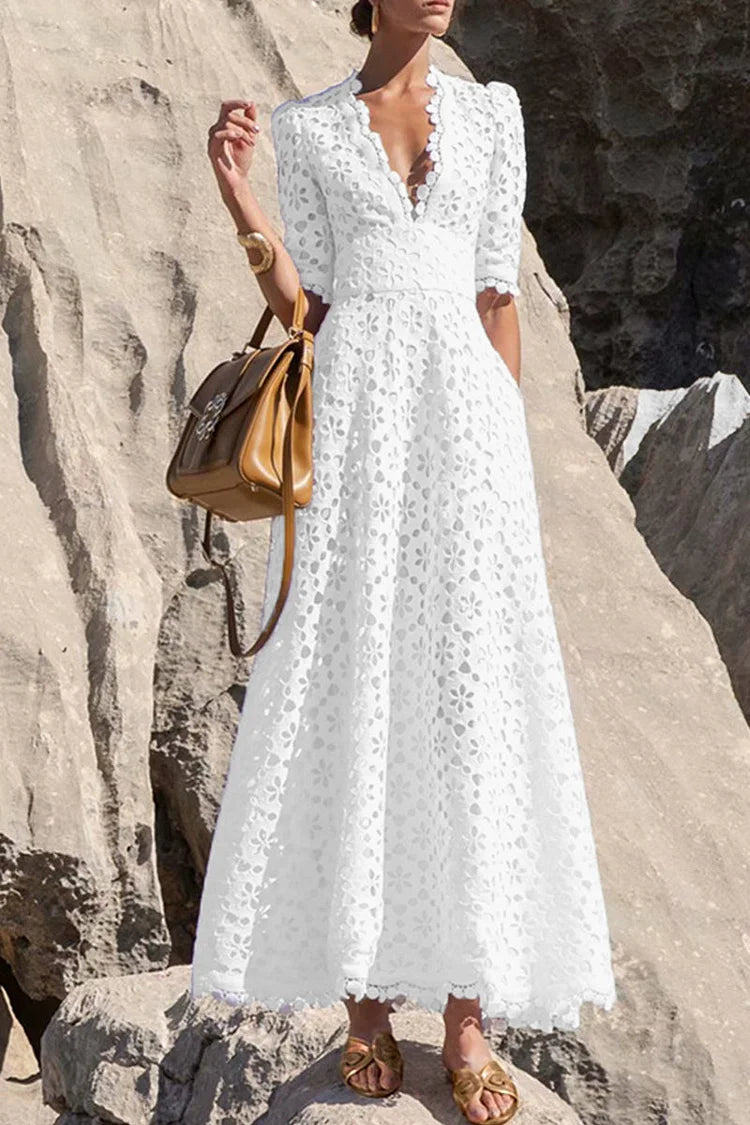 Elegant Solid Hollowed Out V Neck Waist Short Sleeve Dress Simple atmospheric beautiful and unique desi