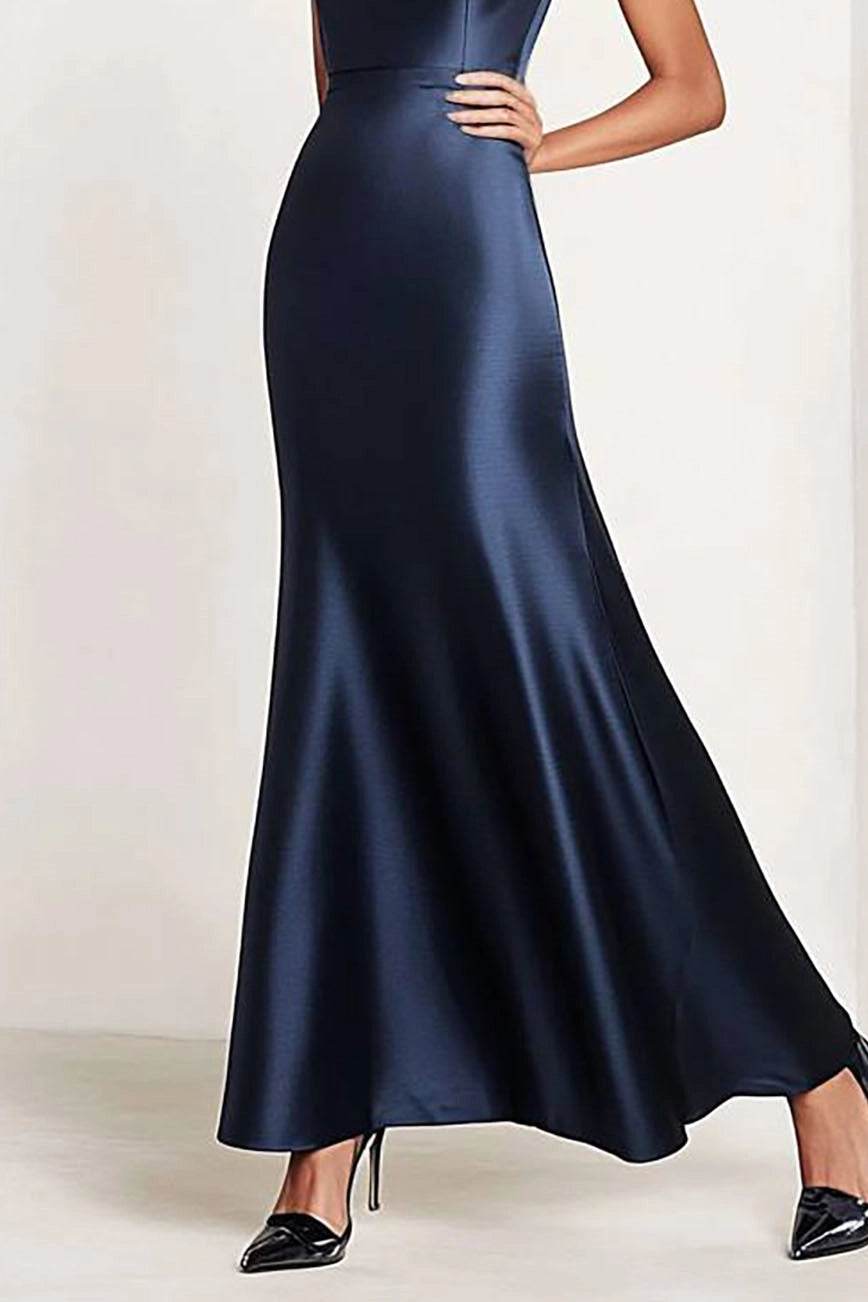 Party Satin Dress Navy V-neck Sleeveless Basic Maxi Dress