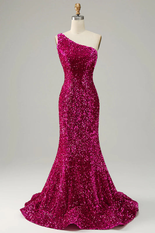 Fuchsia Mermaid One Shoulder Sequin Long Prom Dress