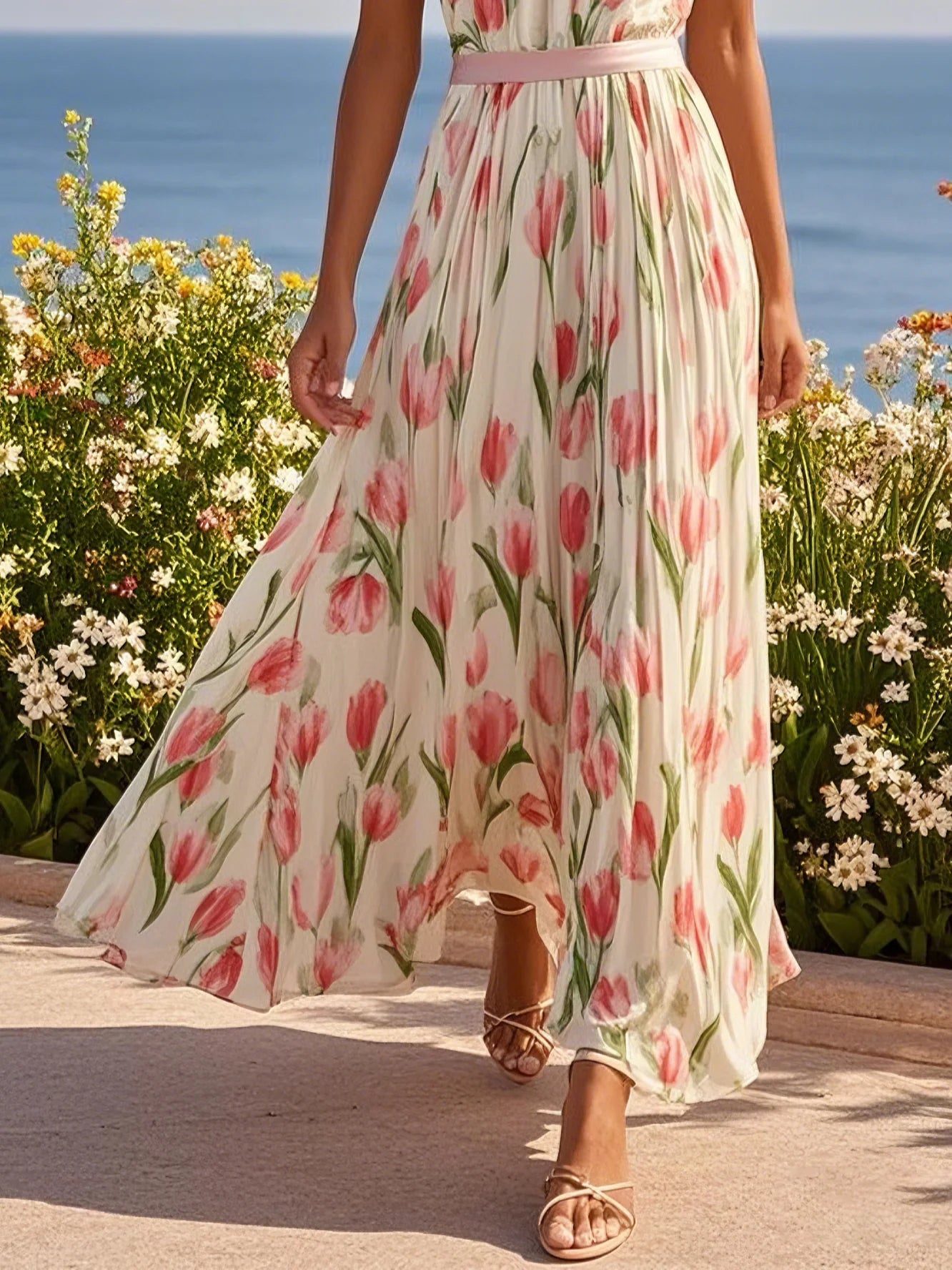 Simple beautiful generous and full of charm Pink Floral Crew Neck Sleeveless A-Line Maxi Chiffon Dress