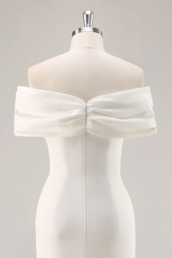 White Off the Shoulder Sheath Satin Asymmetrical Graduation