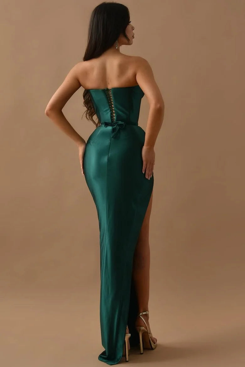 Green Strapless V-Neck Side Slit Satin Pleats Long Prom Dress