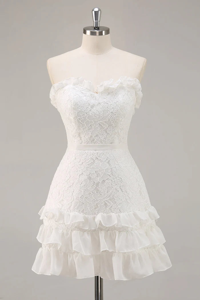 White A Line Strapless Mini Lace Graduation Dress
