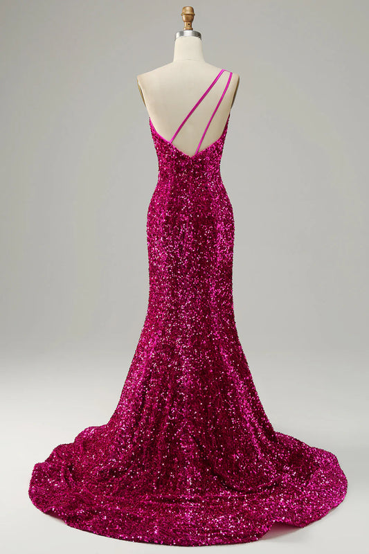 Fuchsia Mermaid One Shoulder Sequin Long Prom Dress