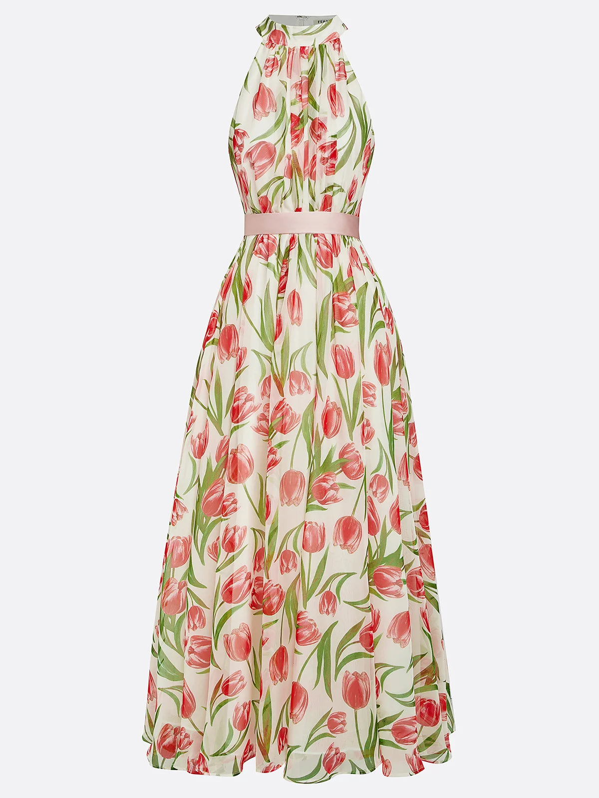 Simple beautiful generous and full of charm Pink Floral Crew Neck Sleeveless A-Line Maxi Chiffon Dress