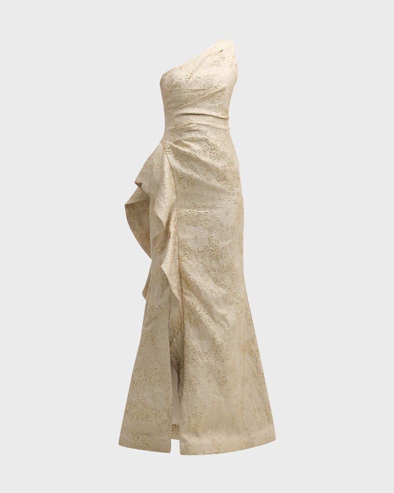 One-Shoulder Jacquard Side-Ruffle Gown Beautiful and charming simple and unique design