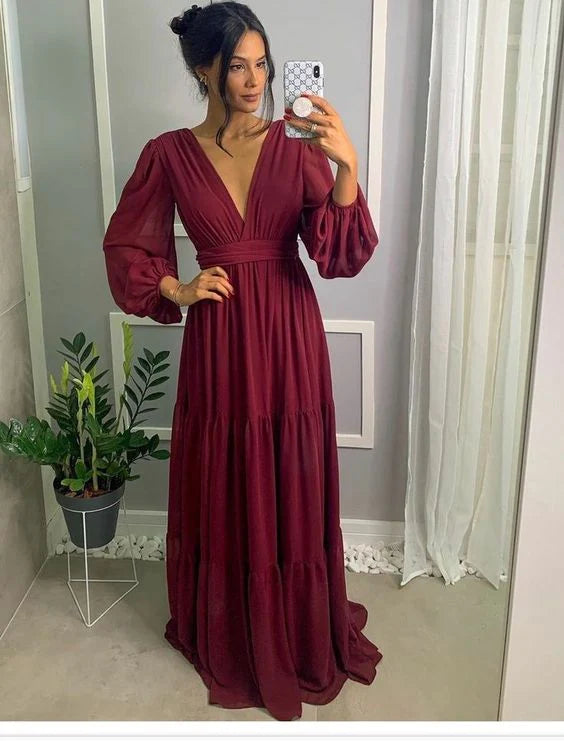 Burgundy Long Prom Dress Formal Evening Graduation Dress