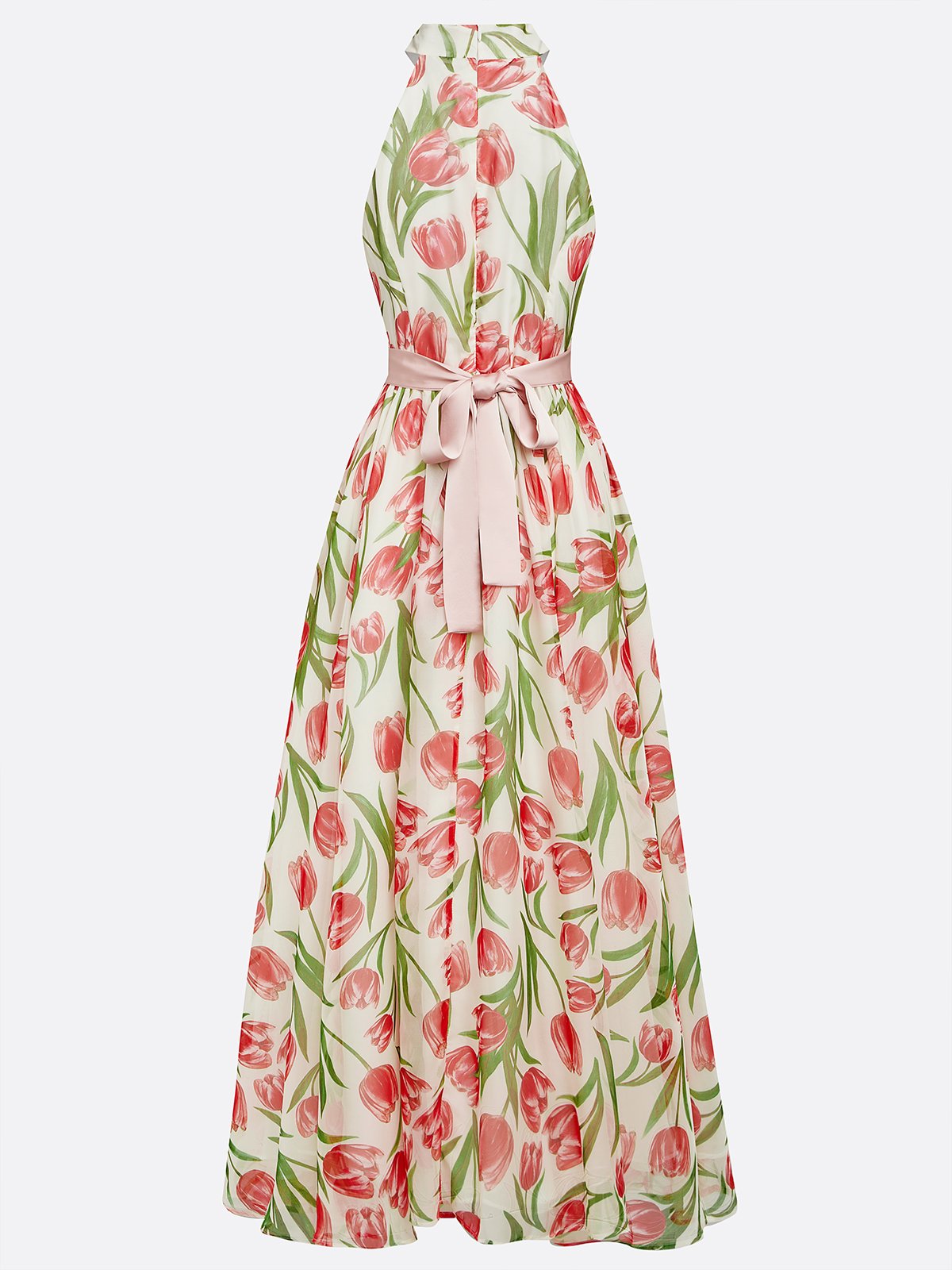 Simple beautiful generous and full of charm Pink Floral Crew Neck Sleeveless A-Line Maxi Chiffon Dress