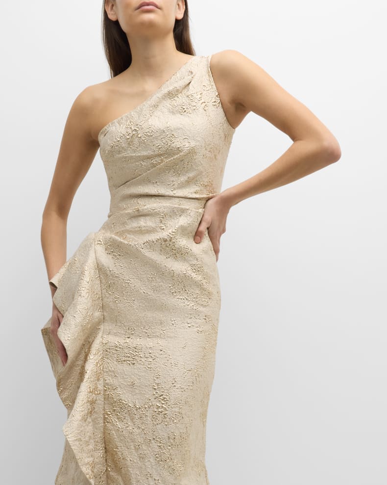 One-Shoulder Jacquard Side-Ruffle Gown Beautiful and charming simple and unique design