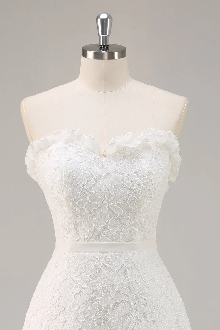 White A Line Strapless Mini Lace Graduation Dress