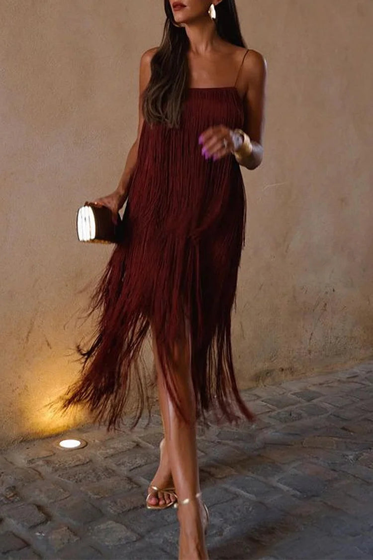 Sexy Vintage Solid Tassel Square Collar Sling Dress Dresses Simple atmospheric beautiful and unique desi