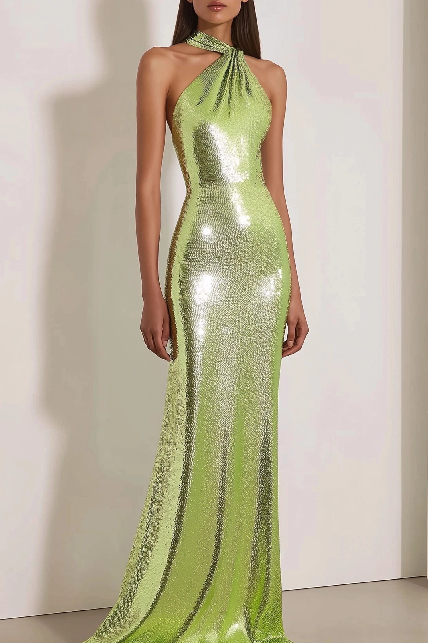 Prom Evening Dress Halter Neck Sequin Light Green Flowy Maxi Dress