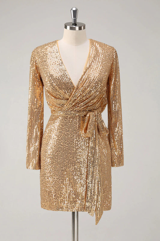 Bodycon Golden V Neck Short Tight Party Dress
