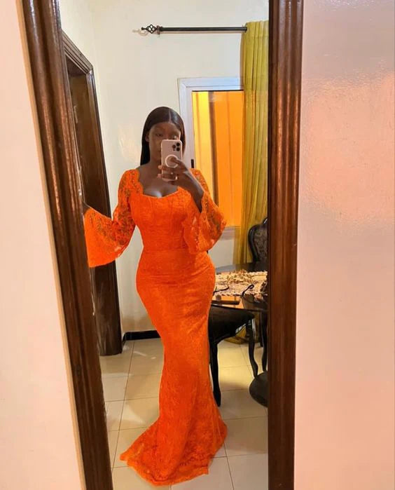 Orange Lace Long Prom Dress Formal Evening Graduation Dress