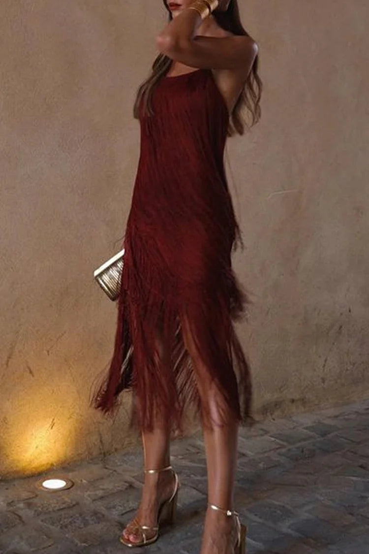 Sexy Vintage Solid Tassel Square Collar Sling Dress Dresses Simple atmospheric beautiful and unique desi