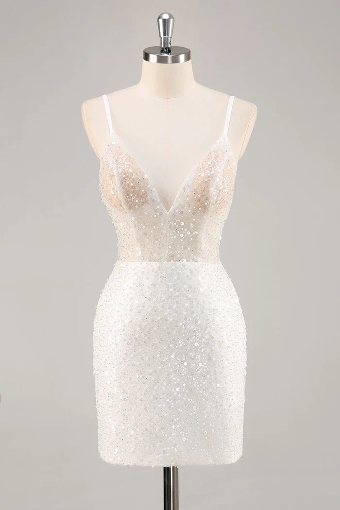White Bodycon V Neck Mini Graduation Dress With Sequins