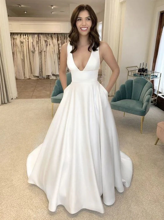 A-line Simple Satin Vintage Long Wedding Dresses