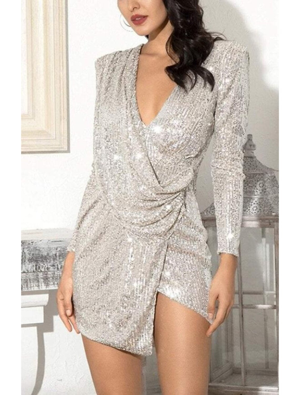 Women's Sequined Mini Dress Long Sleeve V-Neck Draped Silver Glamorous Cocktail Party Evening Wear Fall Winter