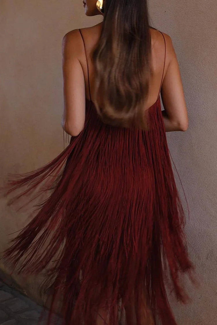 Sexy Vintage Solid Tassel Square Collar Sling Dress Dresses Simple atmospheric beautiful and unique desi