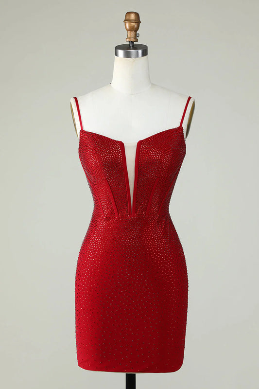 Sheath Spaghetti Straps Red Short Homecoming Dress with Beading