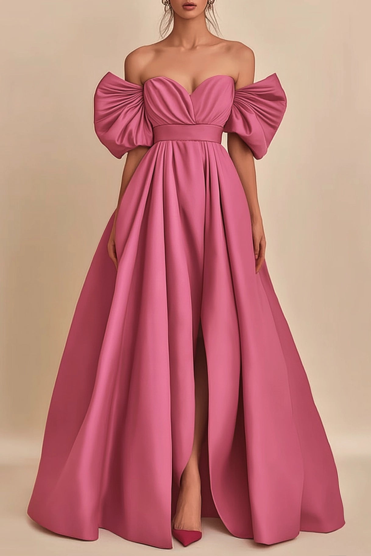 Formal Prom Dress Pink Off-Shoulder Side Slit Floor-Length Dress