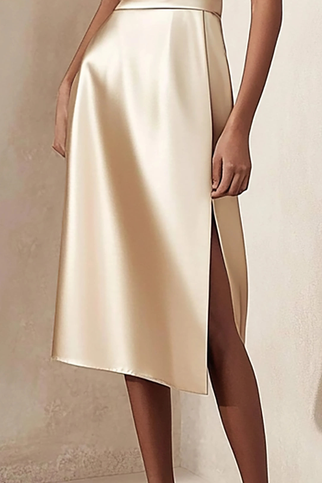 Cocktail Party Dress Champagne Satin Sleeveless Slit Midi Dress