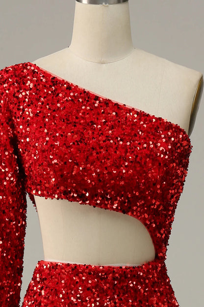 Red Mermaid One Shoulder Sequins Cut Out Prom Dress with Slit Front