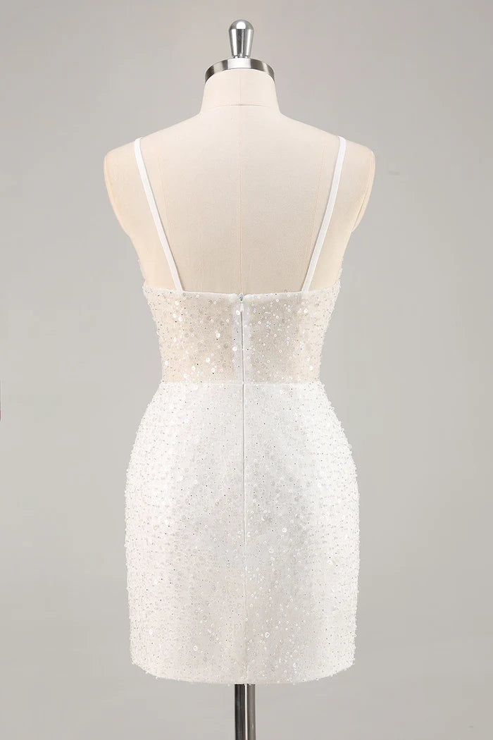 White Bodycon V Neck Mini Graduation Dress With Sequins