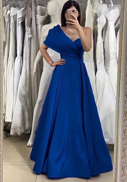 Simple One Shoulder Satin Blue Long Prom Dresses Blue Formal Dreses