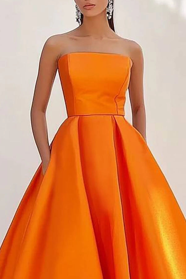 Formal Evening Dress Orange Strapless A-Line Floor-Length Gown
