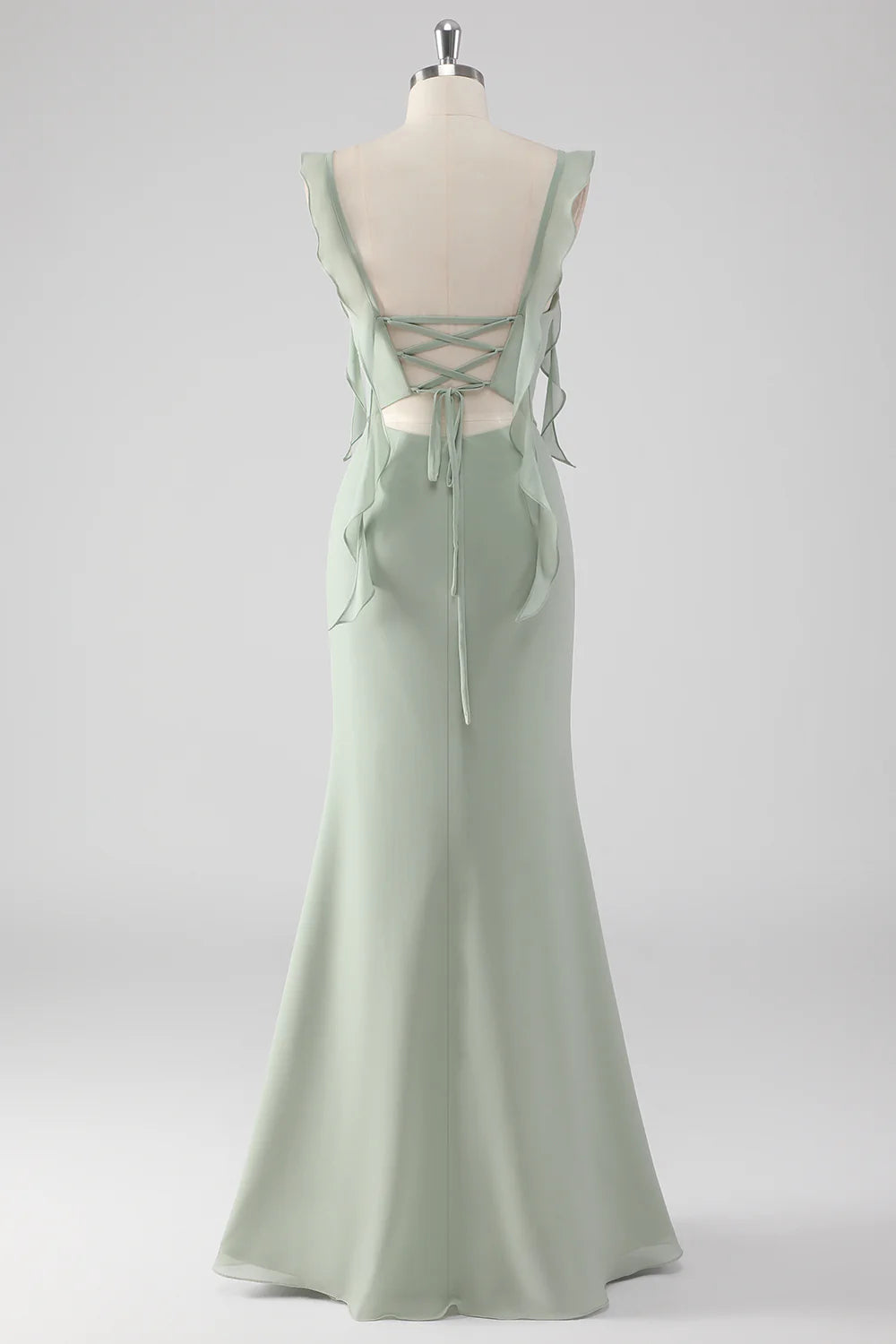 Sage Green Ruffled Sweetheart Neck Evening Gown Sage Green Ruffled Sheath Lace-Up Back Long Bridesmaid Dress with Slit Evening Dress