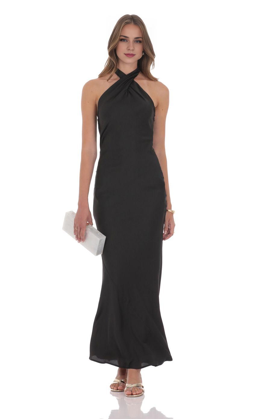 Satin Cross Halter Maxi Dress in Black Simple gentle beautiful and unique design