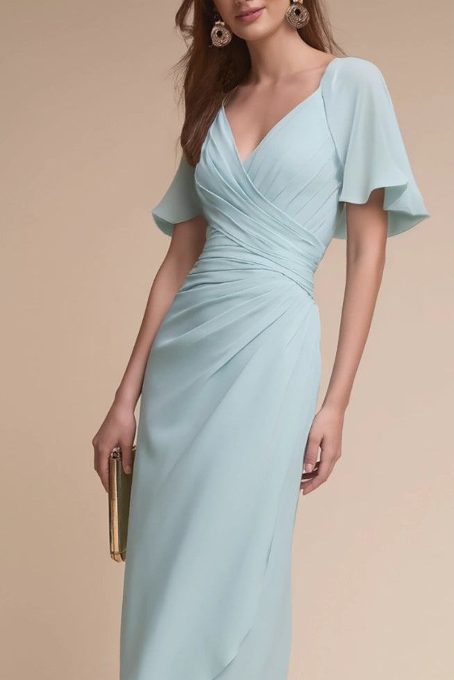 Wedding Guest Semi-Formal Dress Light Blue V-Neck Chiffon Midi Dress Simple beautiful generous and full of charm