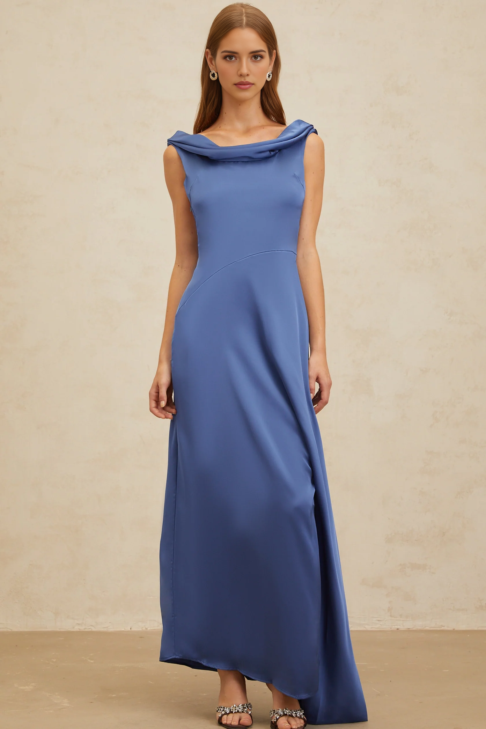 Blue Satin Cowl Neck Maxi Dress with Open Back Sapphire Open-Back Satin Maxi Dress Evening Dress