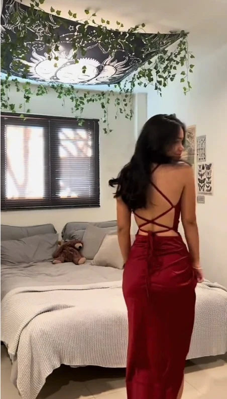 High Quality Burgundy Satin Prom Dresses Long Evening Gown