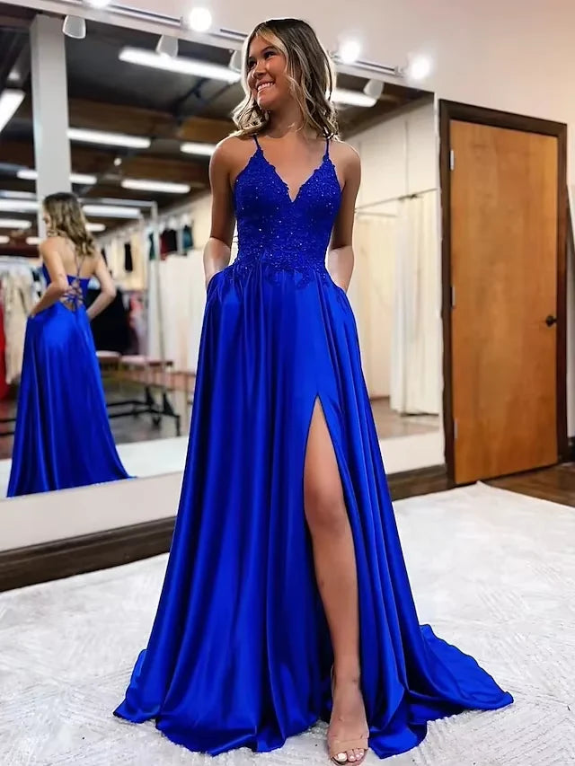 long a-line satin prom dresses v-neck split formal gown with lace appliques