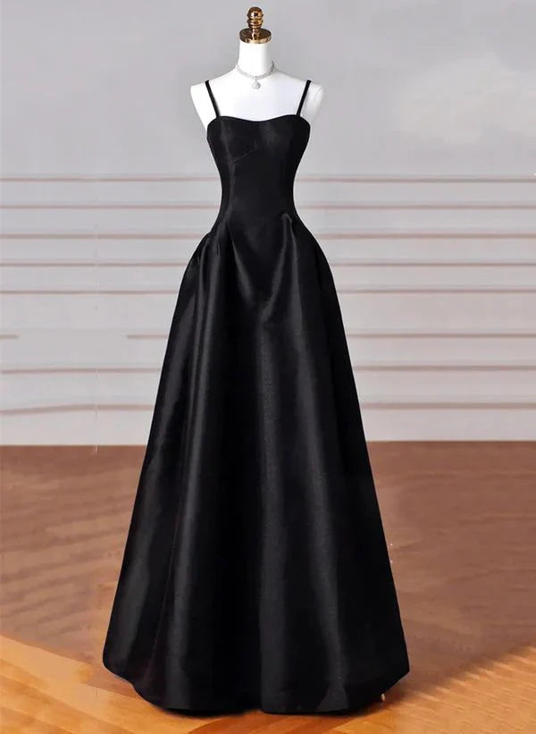 Elegant Black A Line Satin Long Prom Dress Formal Evening Dress