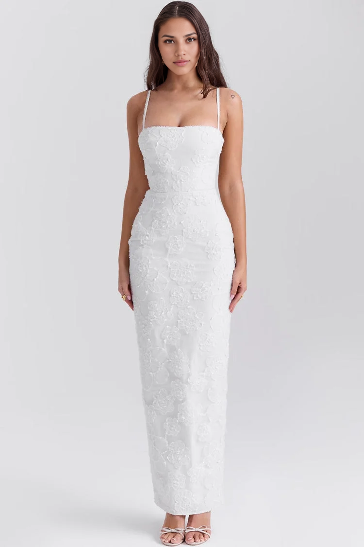 Elegant Square Neck Spaghetti Strap Floral Embroidered Lace Formal Maxi Dress Simple gentle beautiful and unique design